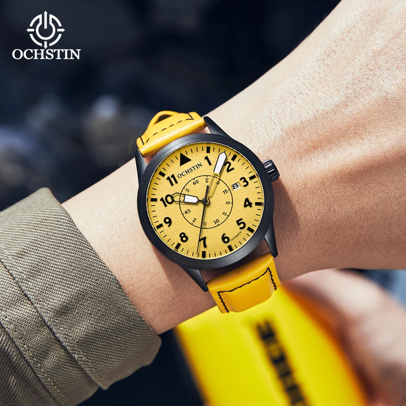 Gift New Fashion Men Sports Mechanical Watches Male Luxury Leather Strap Yellow Dial Automatic Military Wristwatch OCHSTIN