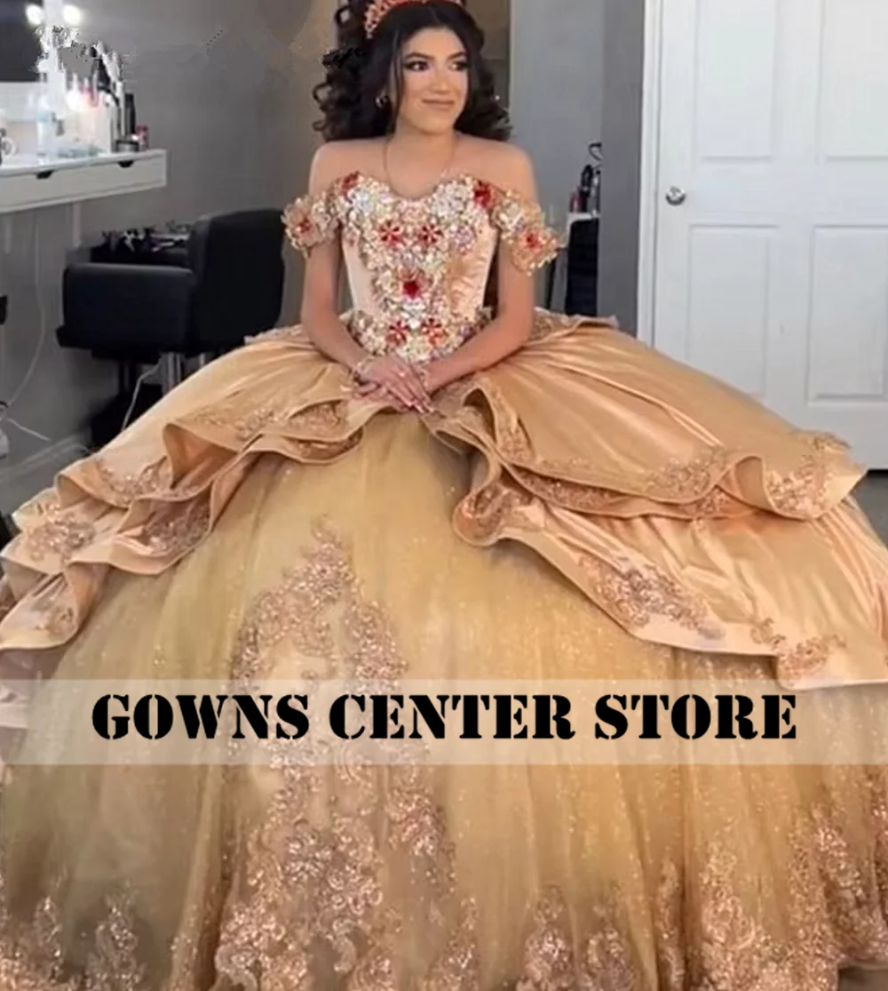 Party Dress Quinceanera Dresses Princess Mexico Champagne Gold Quinceanera Dresses Off The Shoulder Flowers Satin Ruffels Ball Gown Sweet 16