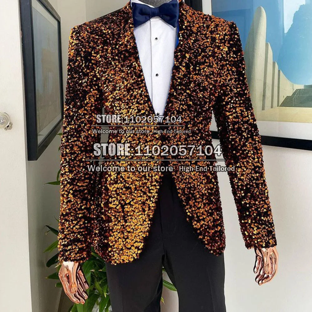 

Gold Sparkly Suit Jacket Men Formal Evening Party Dress One Pieces Sequins Beading Singel Breasted Coat Custom Made Blazer 2022