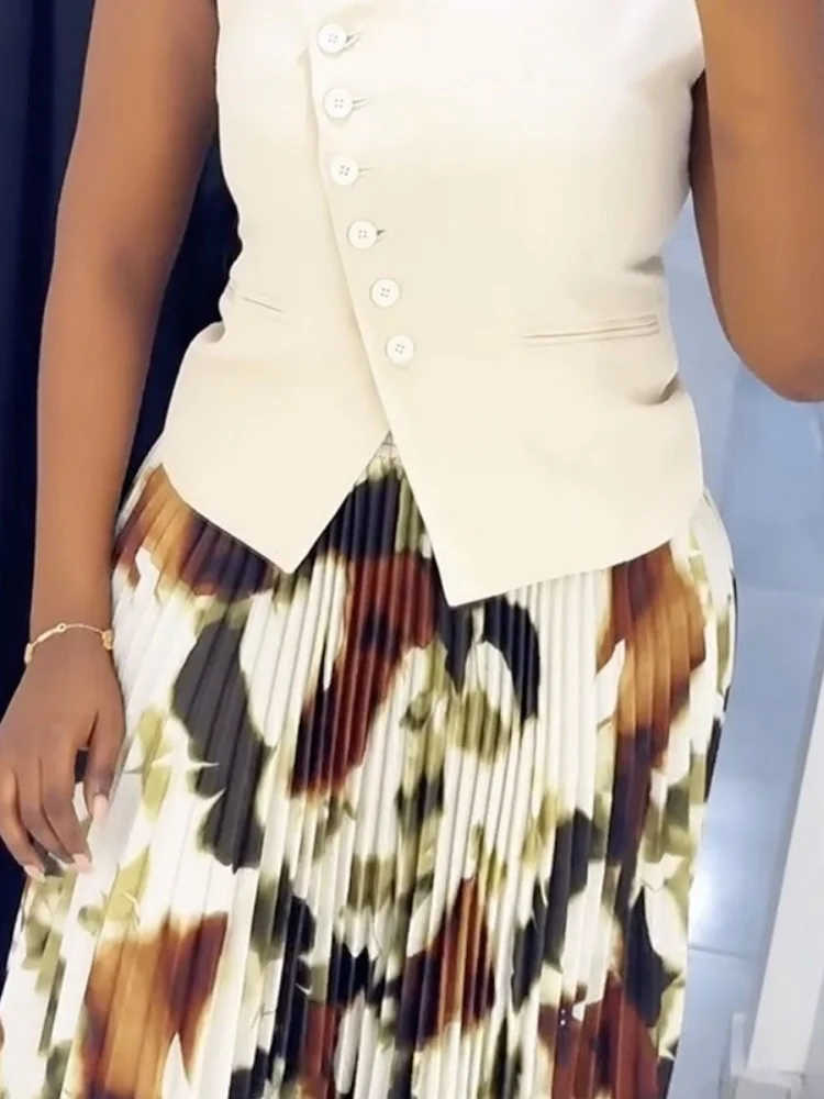 Wmstar 2025 New Women Fashionable Summer Long Refreshing Sweet Dress Sets V Neck Button Waistcoat Printed Pleats Zipper