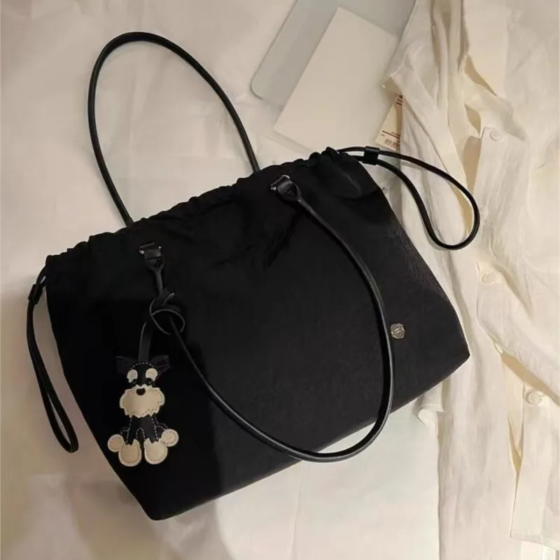 JIAERDI Black Drawstring Minimalist Tote Bag Women Nylon Large Capacity Shoulder Bag Ladies Casual Commute Versatile Handbag New