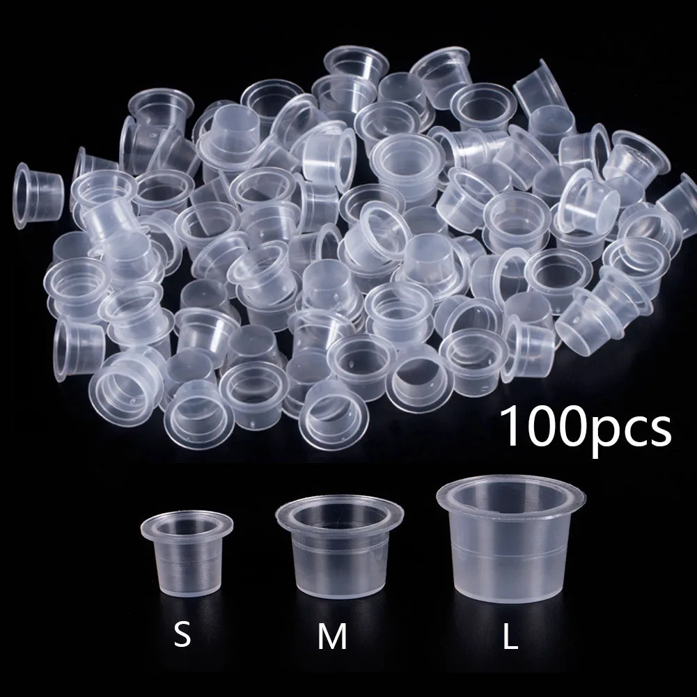 цена Disposable 100pc S/M/L Plastic Disposable Tattoo Ink Cups Makeup Permanent Pigment Clear Holder Container Cap Tattoo Accessory