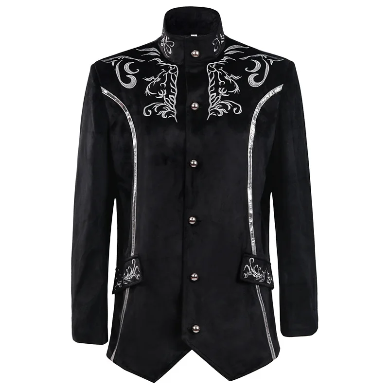 

Black Embroidery Stand Collar Velvet Jackets Men Steampunk Vintage Tailcoat Jacket Gothic Victorian Frock Coat Halloween Costume