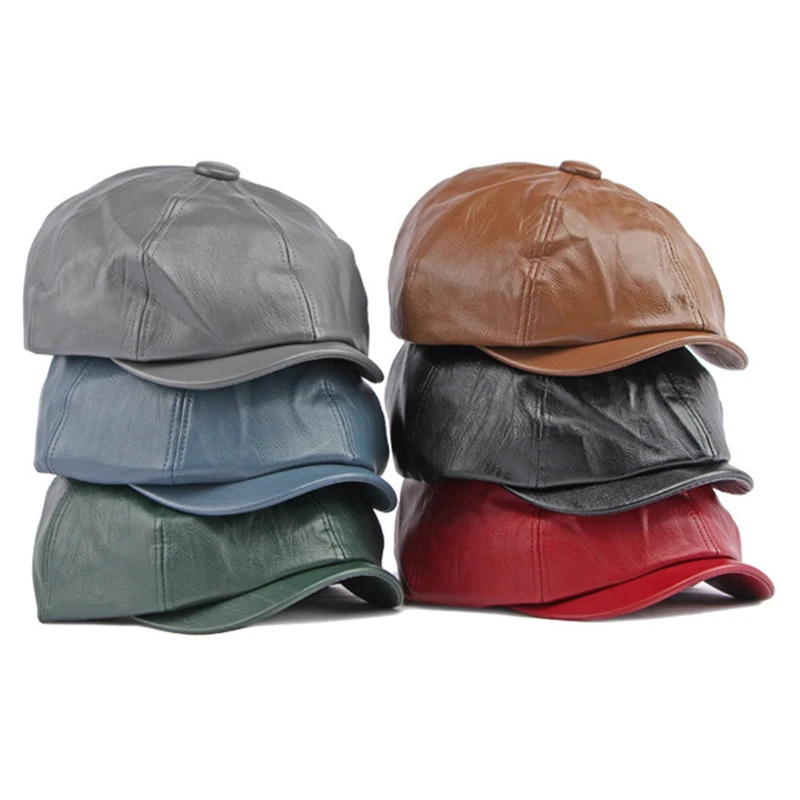 

Retro Octagonal Hat For Women PU Leather Newsboy Cap Men British Spring Autumn Beret Hat Solid Plain Cabbie Herringbone Flat Cap