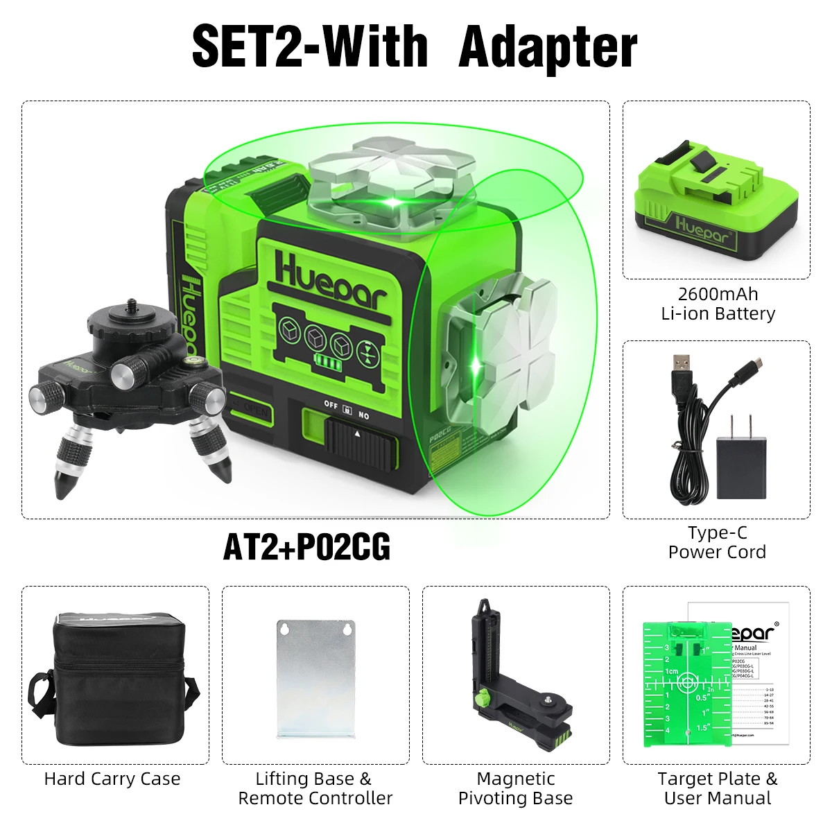 P02CG 8 Lines Laser Level Green Beam Self-Leveling Cross Line 360° Laser Level T