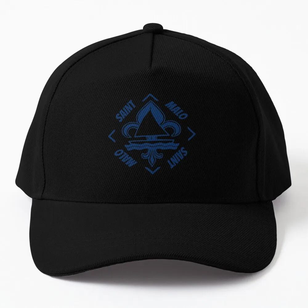 

Saint Malo in Britanny Bretagne France - Navy Blue Vintage Sailor Logo - Sailing Boat with Heraldic Lily Baseball Cap