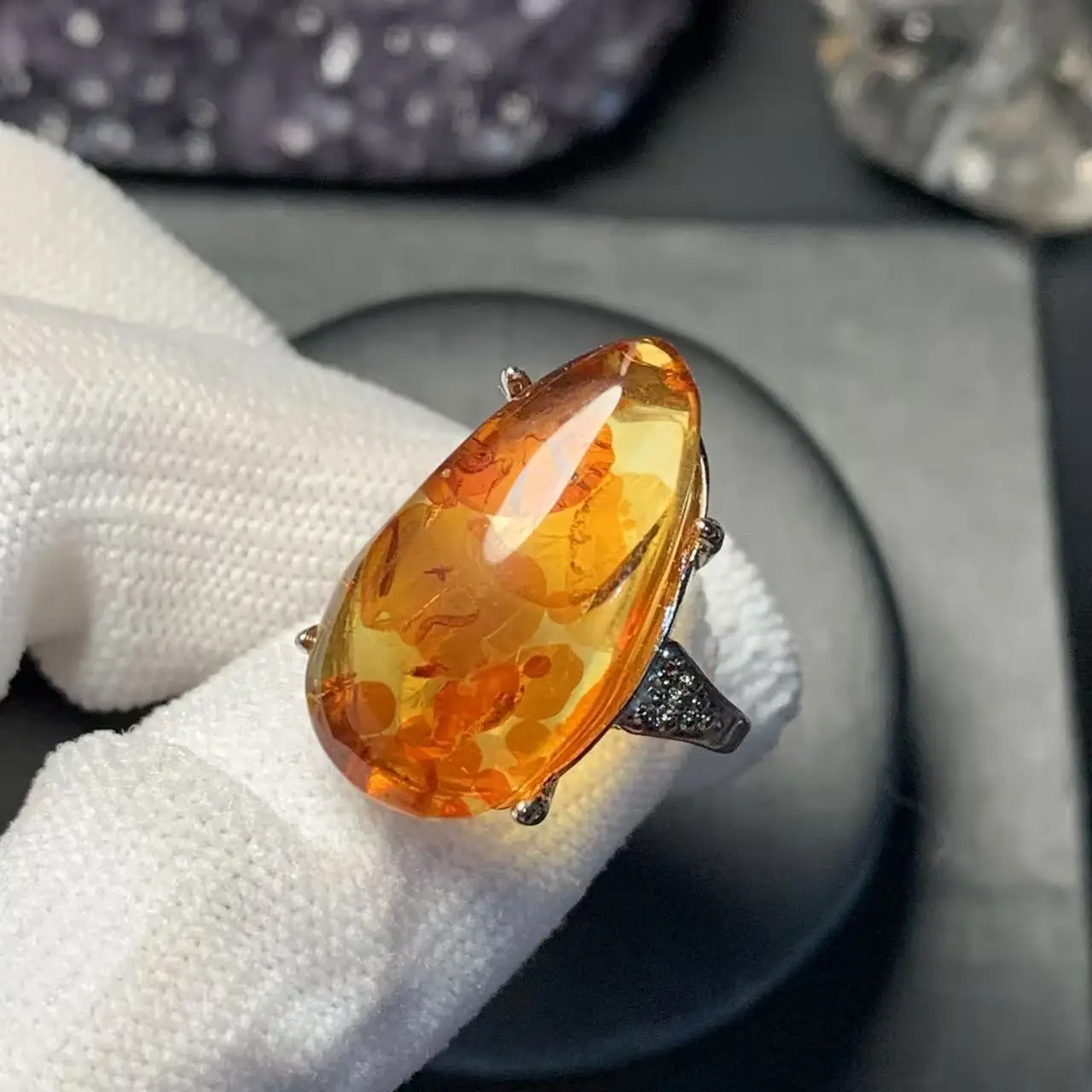 DROP Natural Flower Amber Ring Adjustable Female Ring Jewelry for Women Gift Wholesale High Quality Vintage Fine