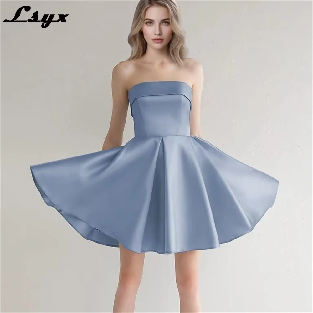 

LSYX Strapless Lace-up Back Simple Homecoming Dresses 2024 With Pockets A-Line Mini Satin Sleeveless Party Prom Gown Above Knee