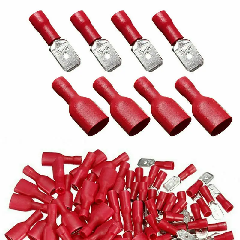 Jwn 50pcs Red 1/4" Female Spade Terminals - Nylon Insulated For 22-18AWG Wires