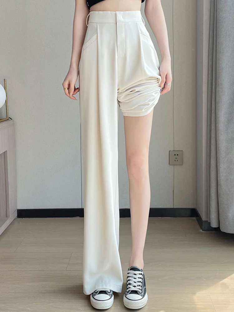 Casual Black Chicly High Waist Slim Simple Women Pants Summer New Fashion Solid Color Office Ladies Loose Female Wide Leg Pants