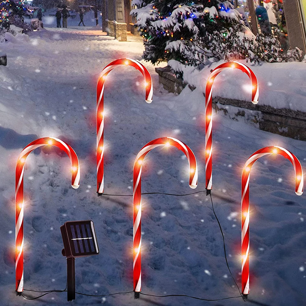 Christmas Candy Cane Pathway Lights Christmas Outdoor Pathway Markers Light Garden Ground Plug Crutch Lights New Year Decoration