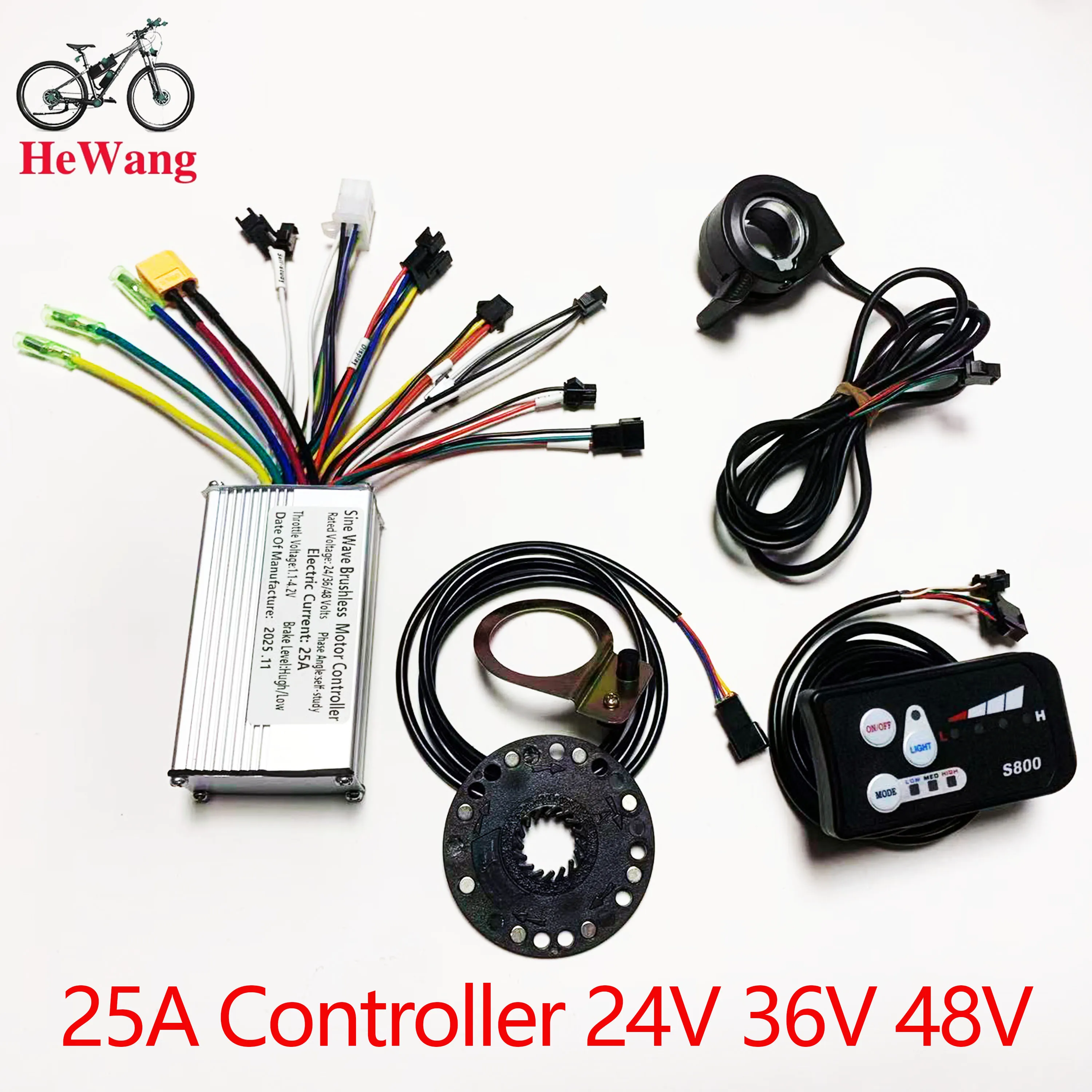 24V/36V/48V Electric bike kit: 25A sine wave controller with LED S800 instrument , 130X thumb throttle , 8C speed assist sensor