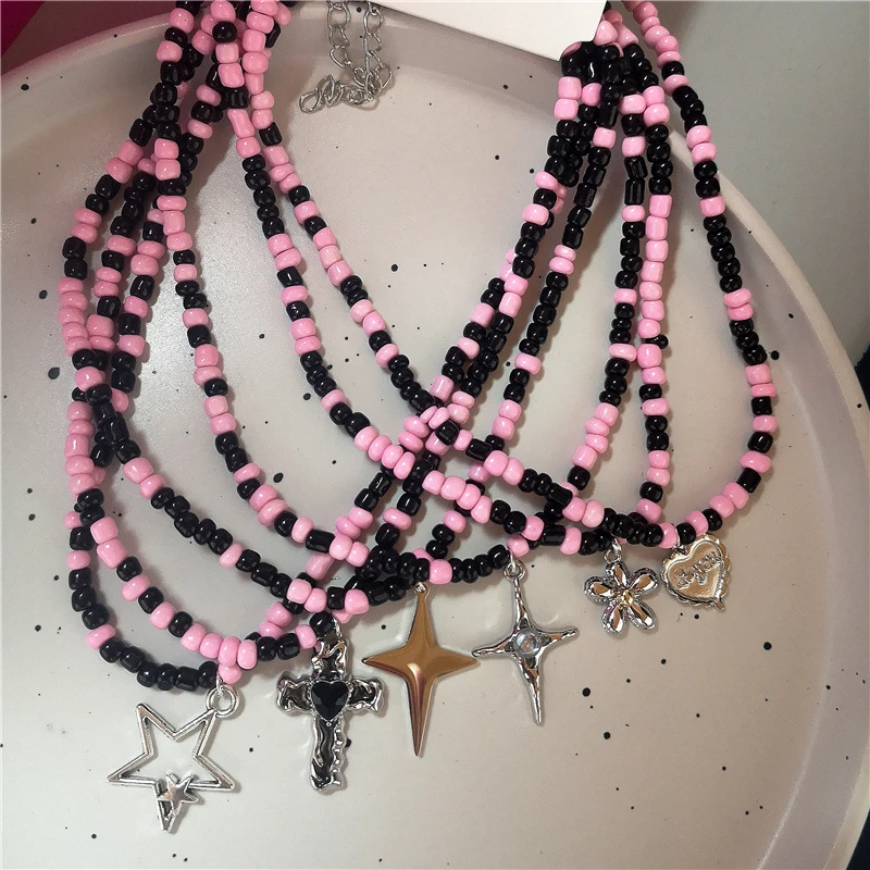 ★Straykids★Highteen Double Heart Pink Beads Chain Necklace Girly Grunge Aesthetic|girly Grunge Bowknot Pendant Necklace