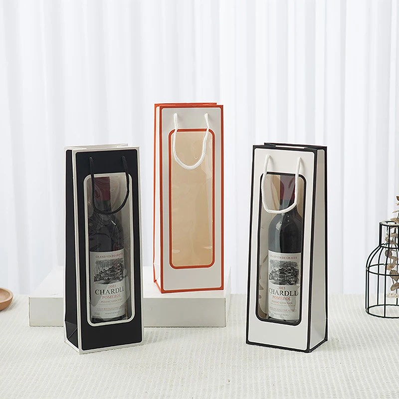 Single Bottle Kraft Paper Wine Gift Bag with Transparent PVC Window, Reusable Rectangul... - SKU KPWB2208 - UGI Packaging