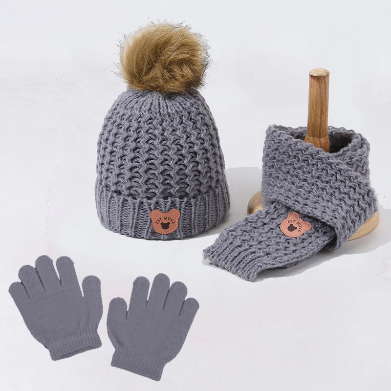 3Pcs Kids Hat Scarf and Snow Gloves Set Winter Knit Warm Soft Outdoor for Boys Girls and Toddlers