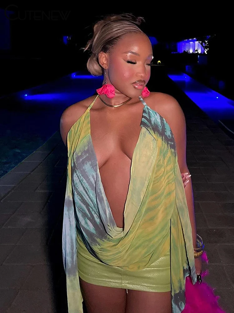 Chic Sexy Women Tops New Stunning Tie Dye Bandage Swinging Neck Ribbons Backless Vest Female Hipster Y2K Club Attirewear