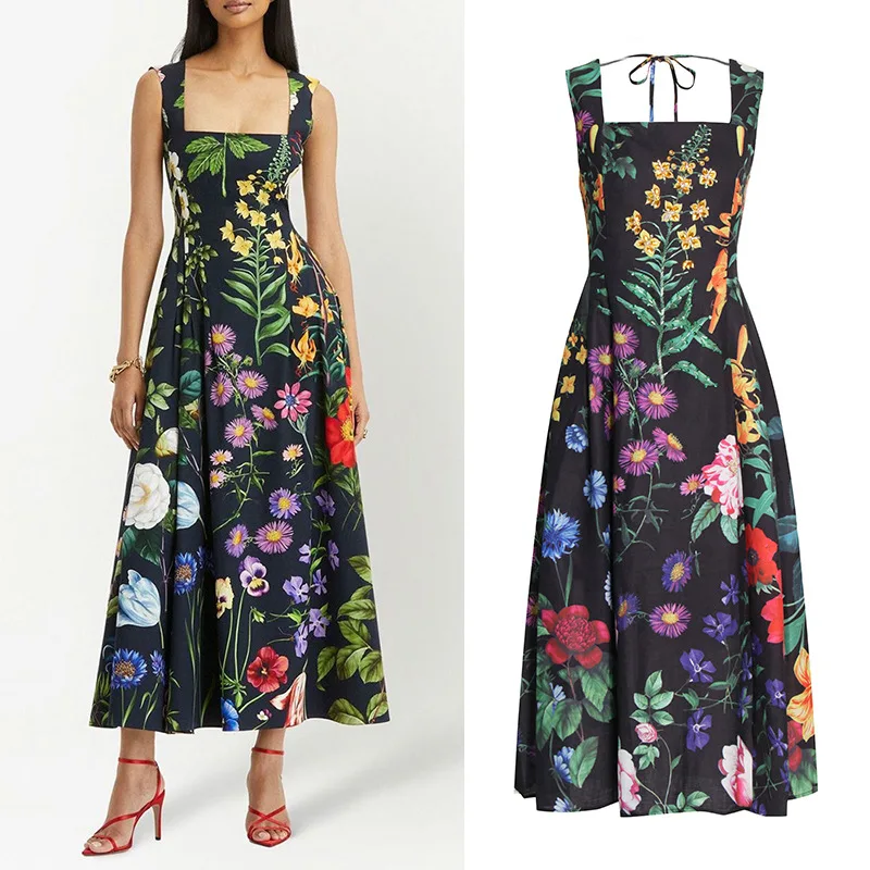 

Women's Printed Slip Long Dress, Square Neck, Stud Bead Strap, Birthday Dress, New, Summer