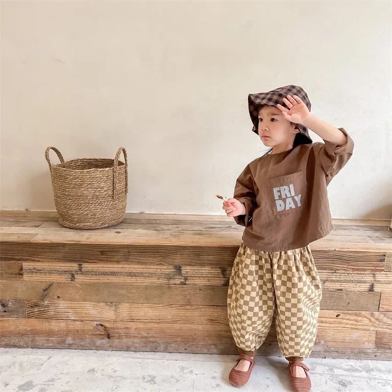 Clearance 110cm 1099B Children Clothes Letter Print Shirt Hemp Cotton Baby Girl Shirt Letter Print Pockets Casual Tops