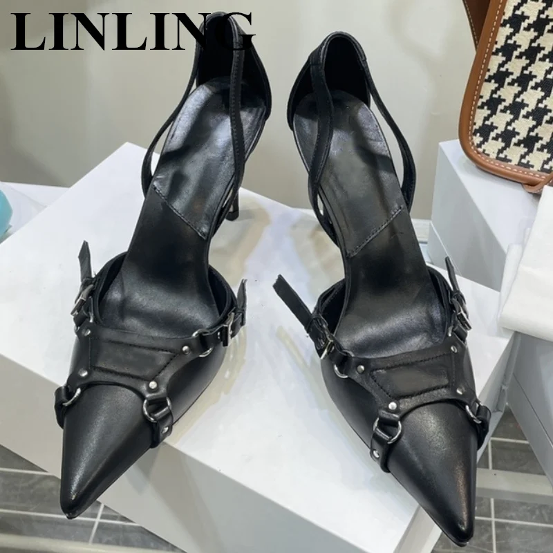 

Punk Style Metal Buckle Pointed Toe Pumps Leather High Heeled Sandals Shallow Mouth Shoes Women Black Girls Stiletto Large Size