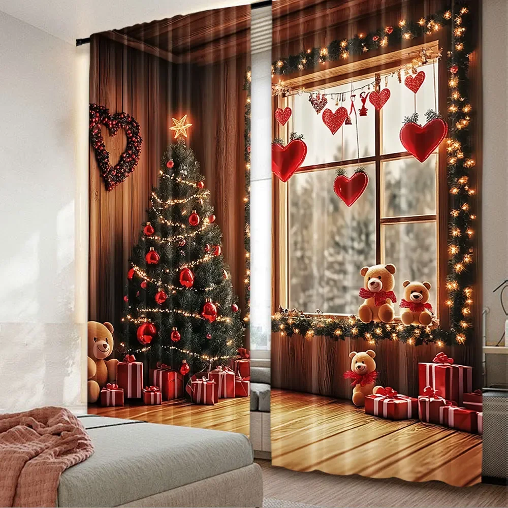 2Pcs Christmas Curtains Christmas Tree Cute Winter Holiday Xmas Gifts Snowflakes Elf For Living Room Window Home Drapes 6