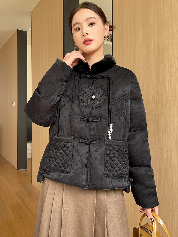 

High-end Luxury Real Mink Fur Stand Collar Down Coats Women 2024 Trend Simple Vintage Warm Fluffy White Goose Down Jacket Winter