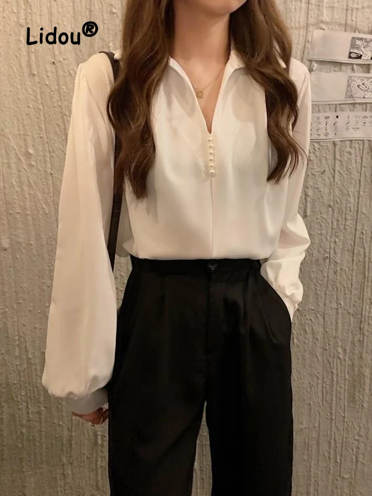 Elegance Fashion Solid Color Pearl Decorate Office Shirt Women New Classic Long Sleeve Turn-down Collar All-match Lady Top 2022 trafza women 2 piece set elegant elastic waist high waist long pant love folds hollow out bow lace up plaid decorate shirts