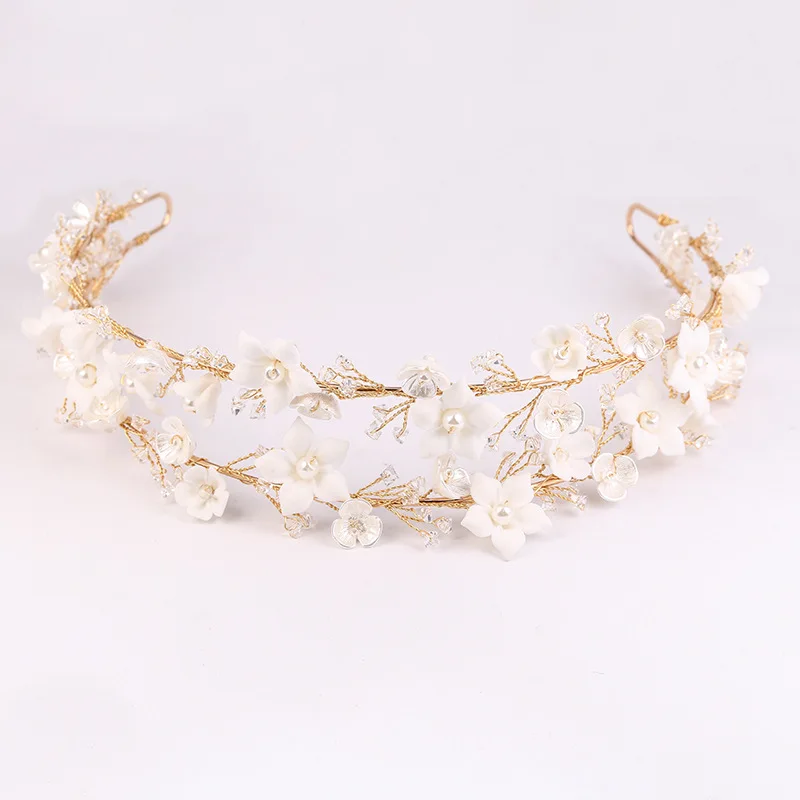 Gold Color Double-layer Crystal Bridal Headwear, Hair Jewelry Ceramic Flower Pearl Crown For Women Wedding Hair Accessories