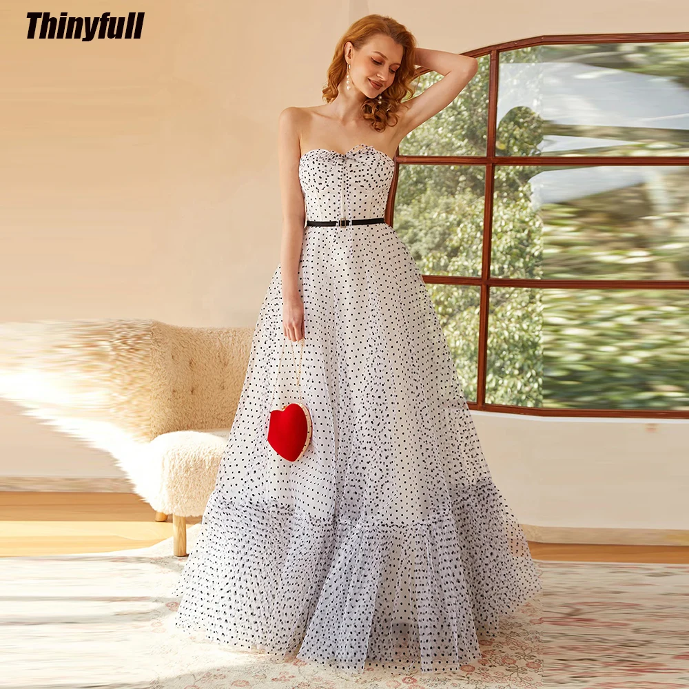 

Thinyfull Polka Dots Tulle A-line Prom Dresses Sweetheart Detachable sleeves Evening Party Gowns Long Formal Occasion Dress