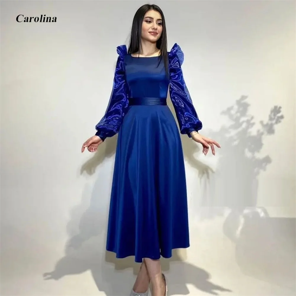 

Boat Neck Prom Gown Custom Made Ankle Length Puffy Sleeves Tulle Occasion Dress Robe De Soirée Women Ruched Evening Party Dress