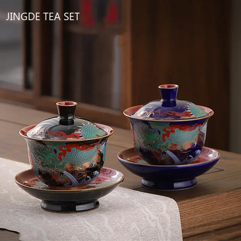 Enamel Color Three CAI Gaiwan Exquisite Ceramic Tea Bowl with Lid Cup Chinese Tea Set Gifts High Quality Infuser