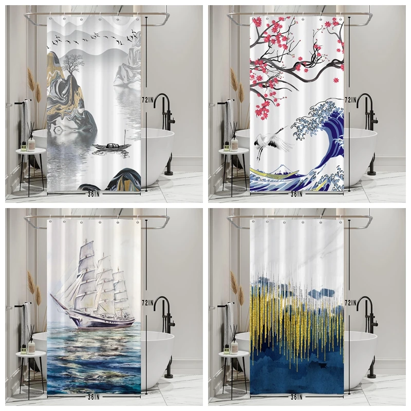 

Art Landscape Shower Curtains Painting Print Modern Nordic Home Decor Polyester Bathroom Partition Curtain With Hooks 90x180cm