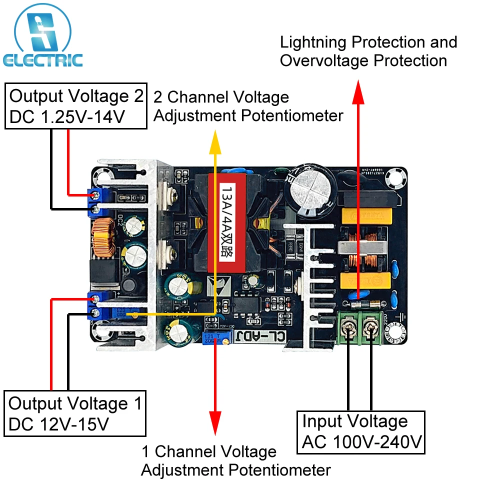 

AC-DC Power Supply Swith Module 180W Voltage Converter 100V-240V to 1.25V-15V Dual Adjustable 13A/4A Output
