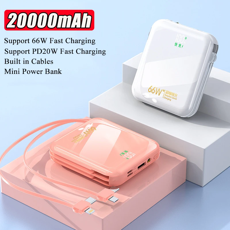 

Portable Mini Power Bank 20000mAh With Cable 66W Fast Charging Powerbank External Battery Charger For iPhone 14 13 Xiaomi Huawei