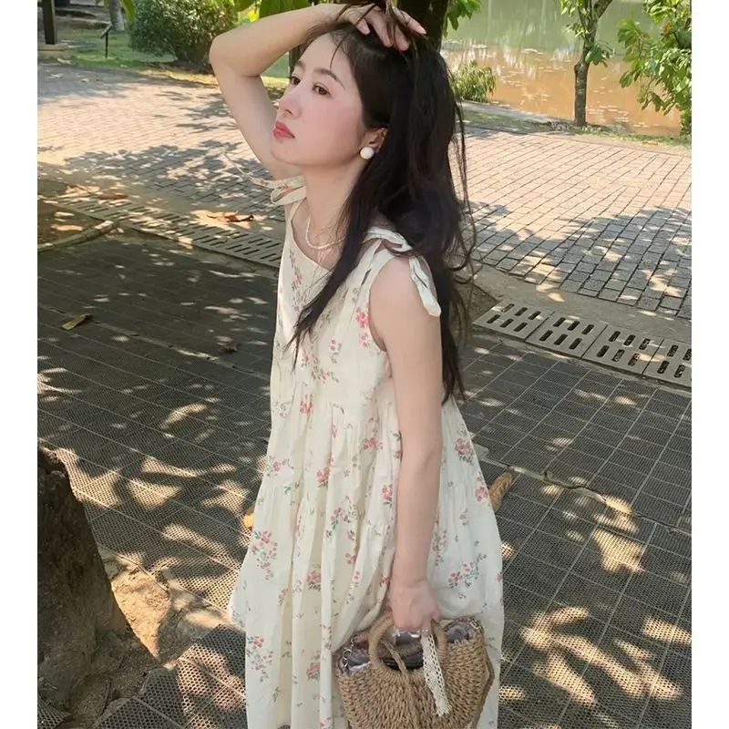 여성용 스위트 스파게티 스트랩 꽃 드레스, 한국 스타일, 레이스업, 느슨한 미디 드레스, 2023 여름 원피스 