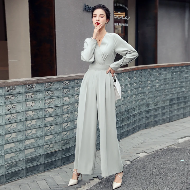 Spring New Women's Clothing Ladies Temperament Trousers V-neck High-Waisted Wide-Leg Pants Female Casual Loose Straight Jumpsuit