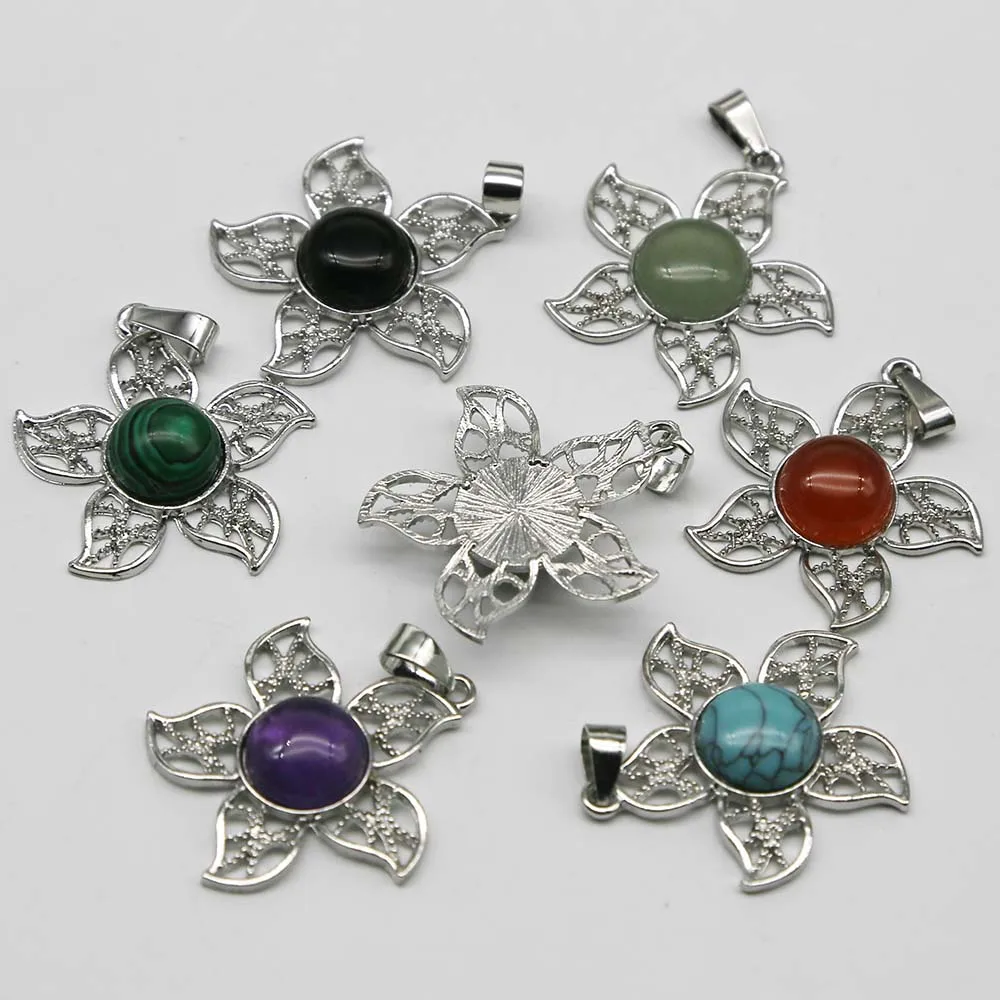 Quality Natural Stone Round Crystal Agate Alloy Hollow Petal Necklace Pendant Simple Fashion Jewelry Accessories Wholesale 12Pcs