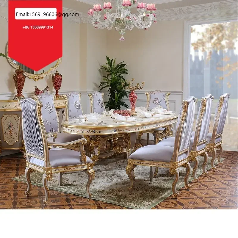 

Full set of gold foil carved wooden dining table chairs in luxury dining room
