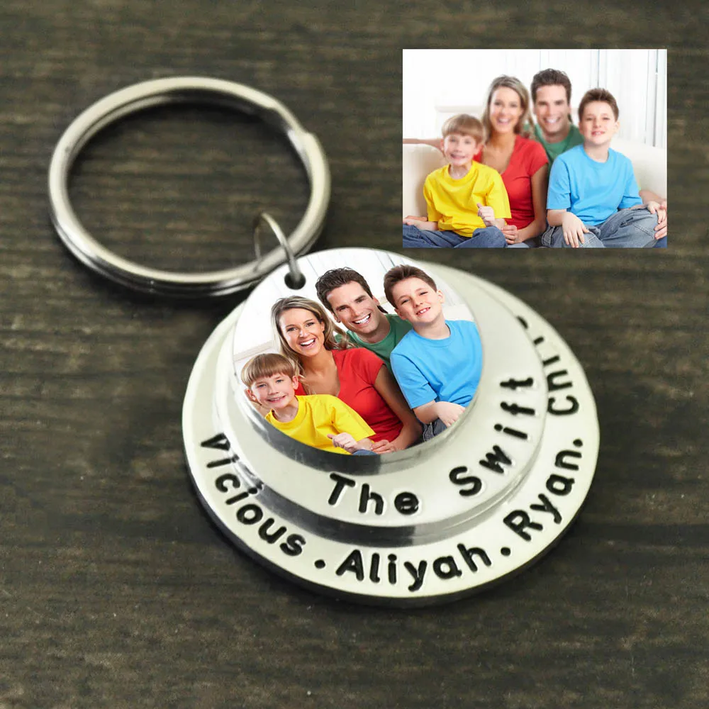 Custom Photo Keychain Personalized Family Photo Keyring Customize Picture Key Chain Engrave Keepsake for Parents Mom Dad Grandpa