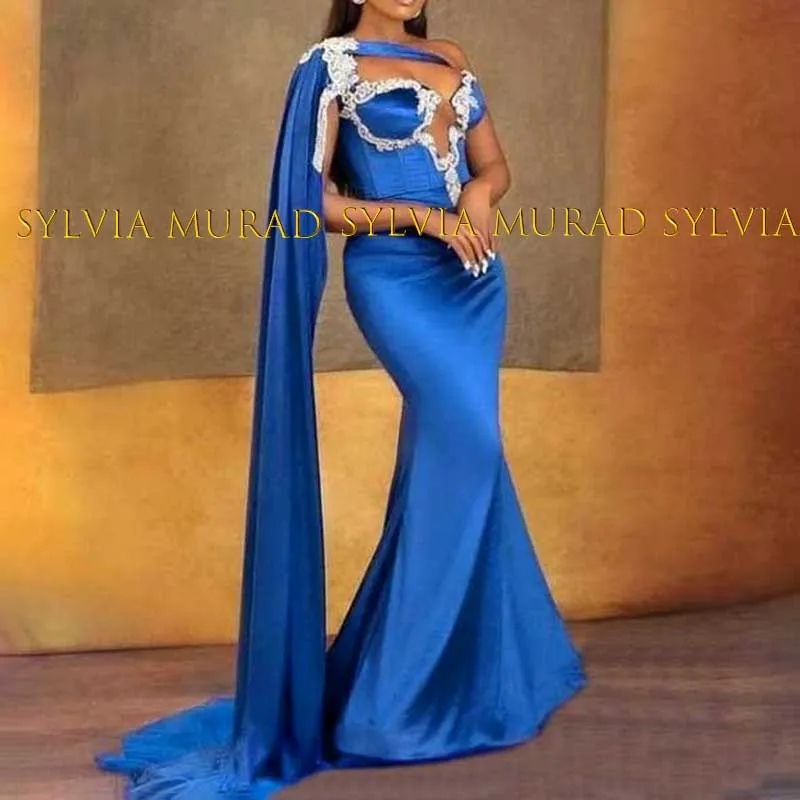 

Stylish Trumpet Evening Dress With Appliques One Shoulder Mermaid Long Streamer Prom Dresses Party Gown