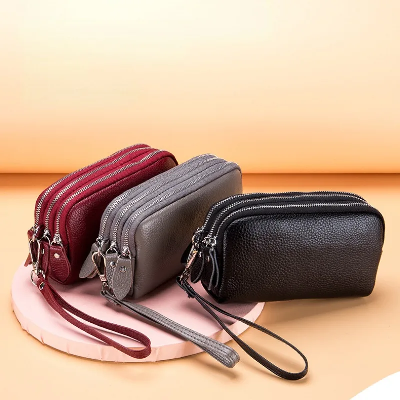 Genuine Leather Long Purse Ladies Can Hand Hold Bag Large Capacity Simple Three Zipper Middle Wrist Grab Bag Wholesale