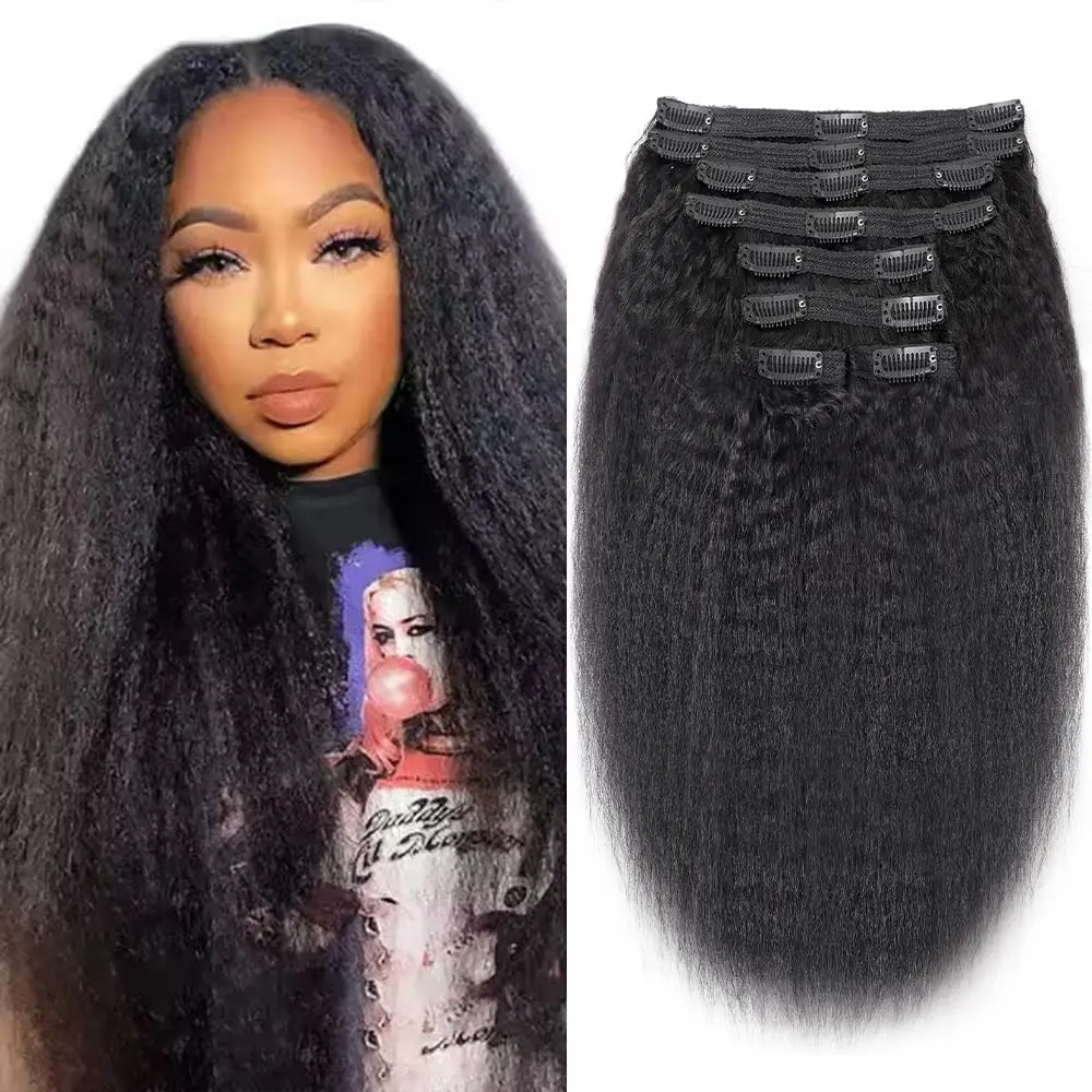 

Kinky Straight Clip In Hair Extensions 120G 8Pcs/Set Natural Black Hair Brazilian Real Human Hairpiece For Women 12 To 26 Inches