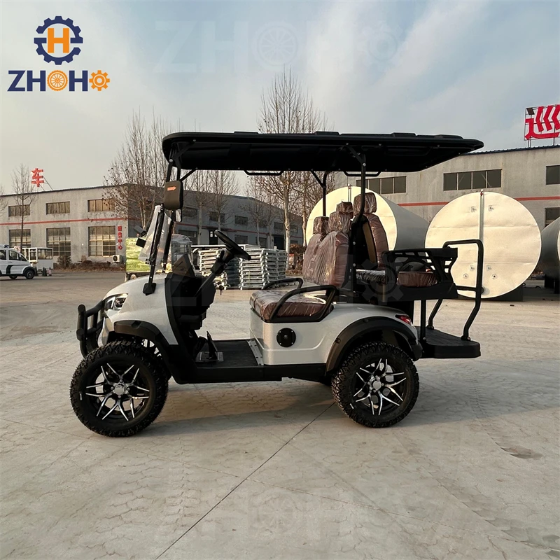 Détail des roues et du design élégant d'une voiture de golf électrique 6-8 places 60V lithium personnalisée
