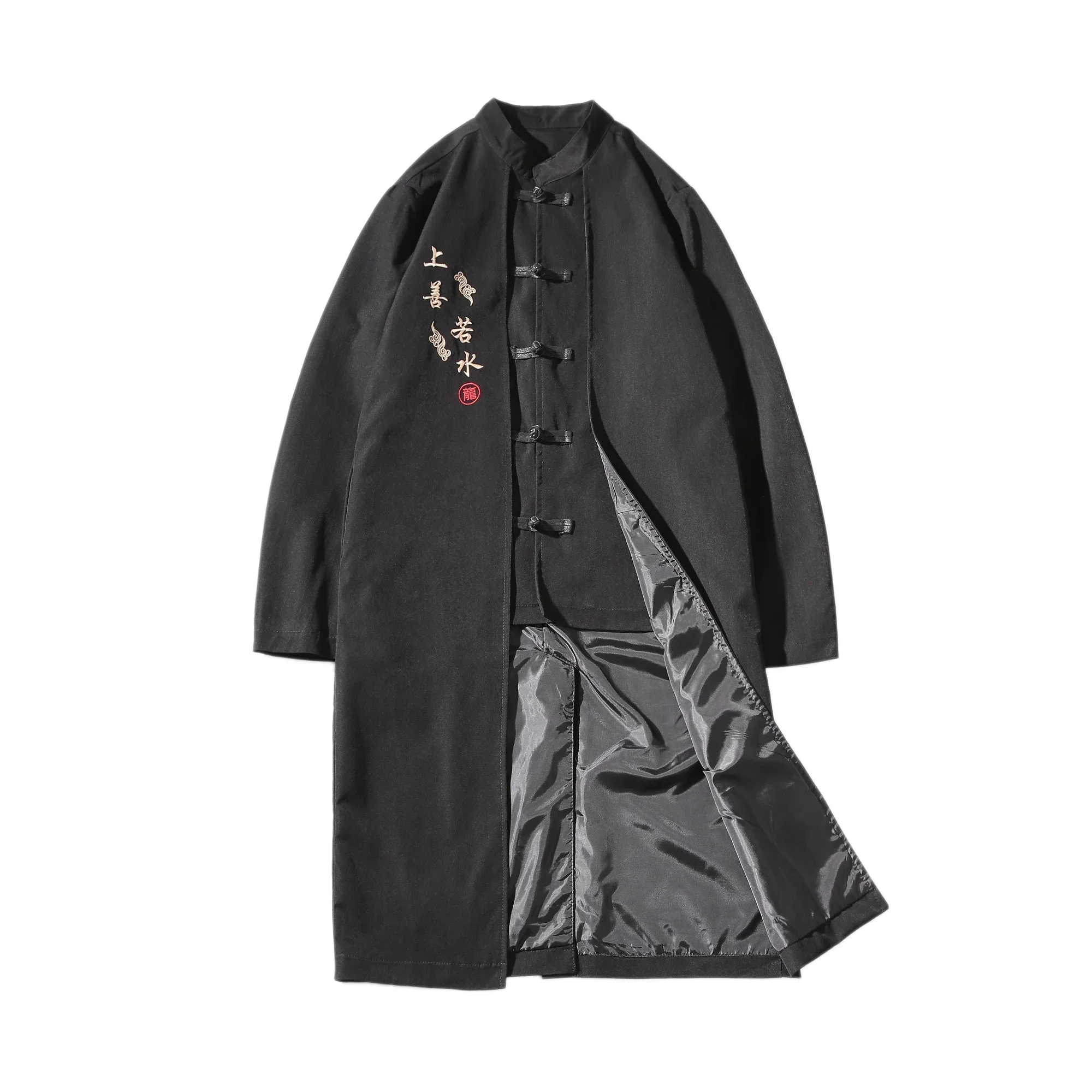 Chinese Style Long Windbreaker Jacket Men Streetwear Oriental Clothes Hip Hop Mandarin Jacket Coat