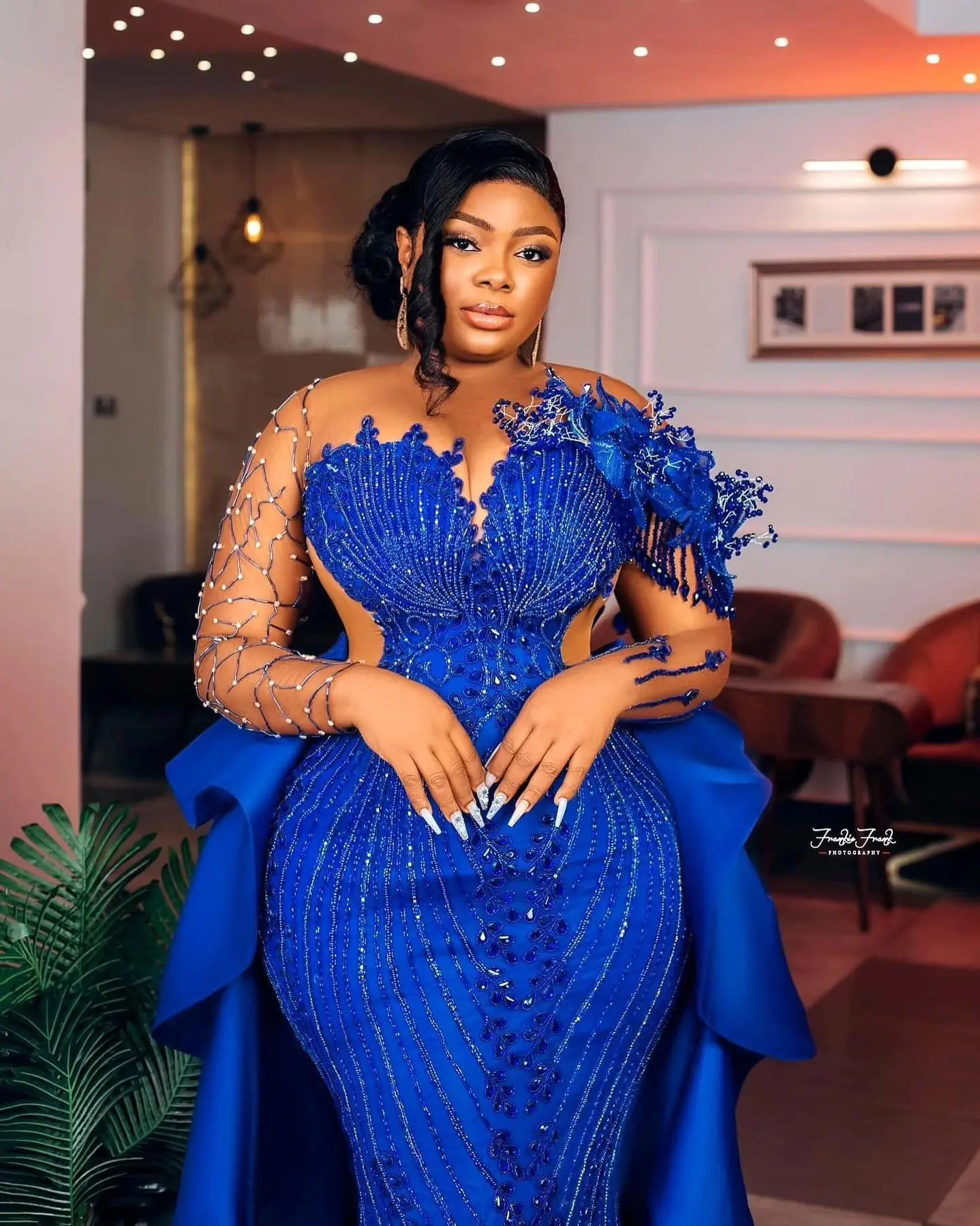 African Royal Blue Beaded Lace Mermaid Wedding Gowns With Detachable Train Shiny Aso Ebi Long Prom Dresses Full Sleeves Gowns