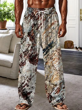 2026 Men's Printed Straight Leg Pants Vibrant Abstract Design Drawstring Waist Loose Fit Summer Beach Casual Fashion Pants