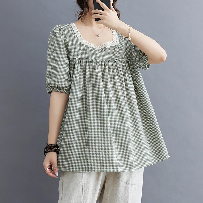 

Summer Square Collar Fashion Short Sleeve Blouse Women High Street Casual Loose Pullovers Plaid Patchwork Lace All-match Tops