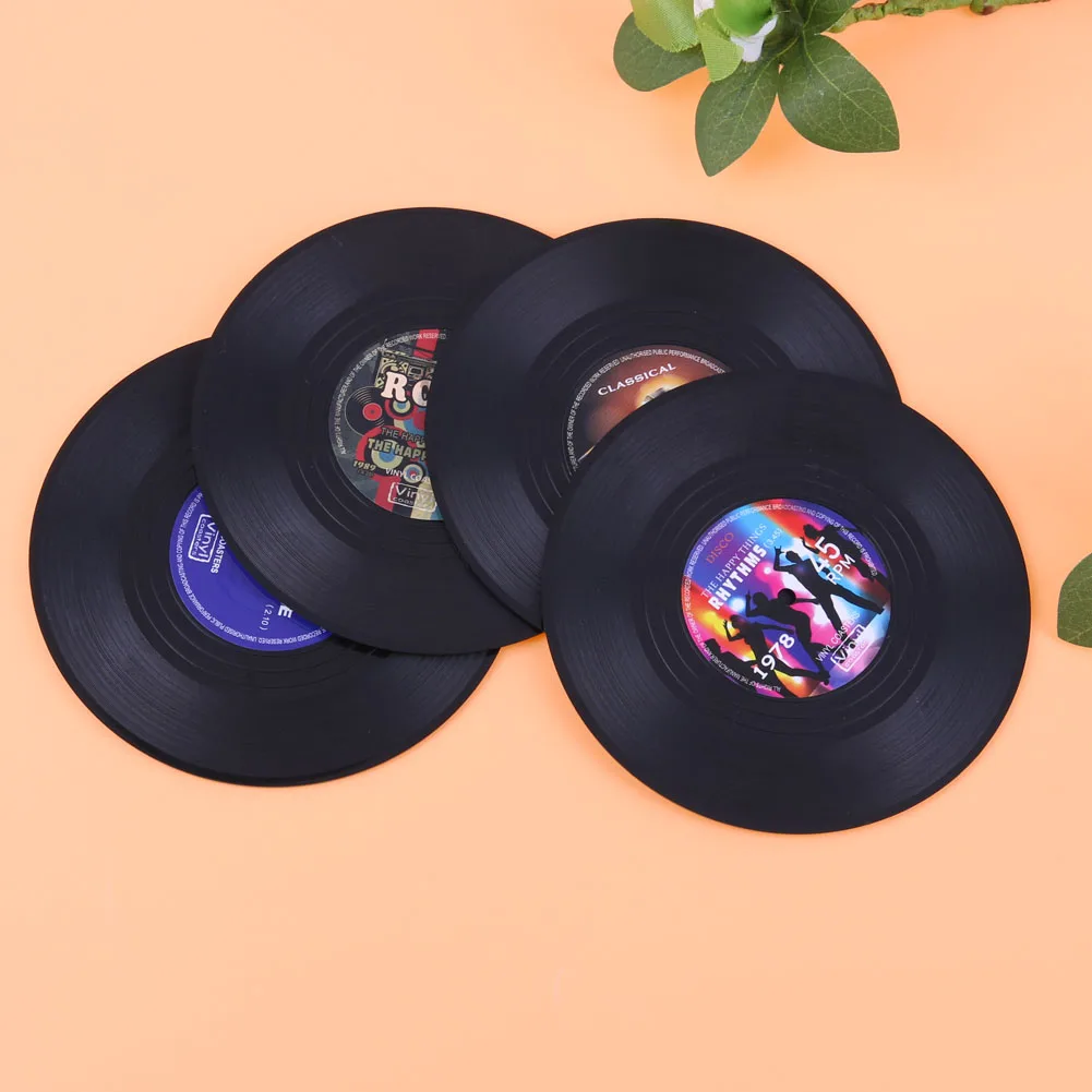 4pcs Vinyl Record Coasters Heat-resistant Spinning Drinks Coasters Practical Vinyl Record Cup Mat for Home Kitchen Decor