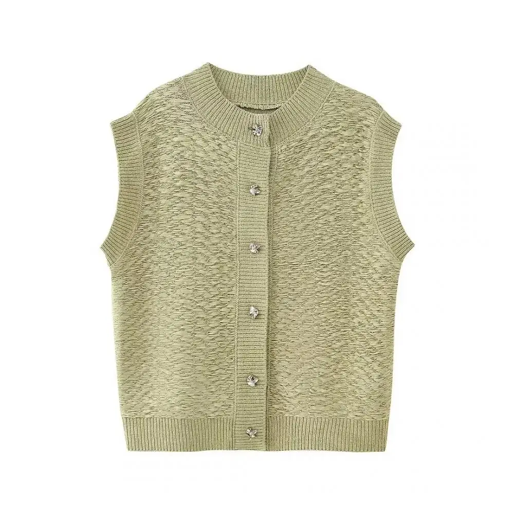 Women Green Knitted Sweater Vest Fashion O-Neck Sleeveless Button Waistcoat Cardigan Vintage Korean Casual Street Jacket Jumper