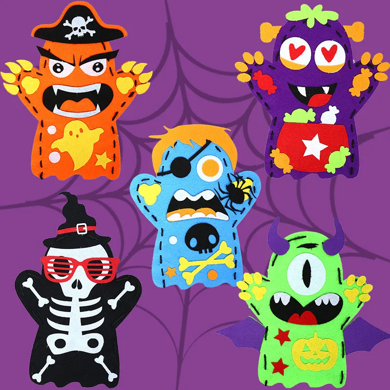 DIY Cartoon Halloween Hand Puppet Craft Toys 3Pcs Kindergarten Non-Woven Handmade Kits Kids Storytelling Doll Handicrafts