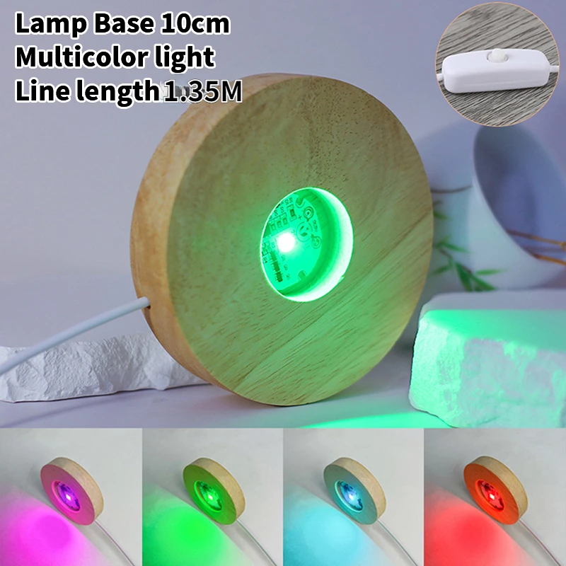 Description Picture 2 of item10cm Round Wooden Night Light Base USB plug LED Light Display Stand Lamp Holder Multi-color Lamp Base With Power Adapter